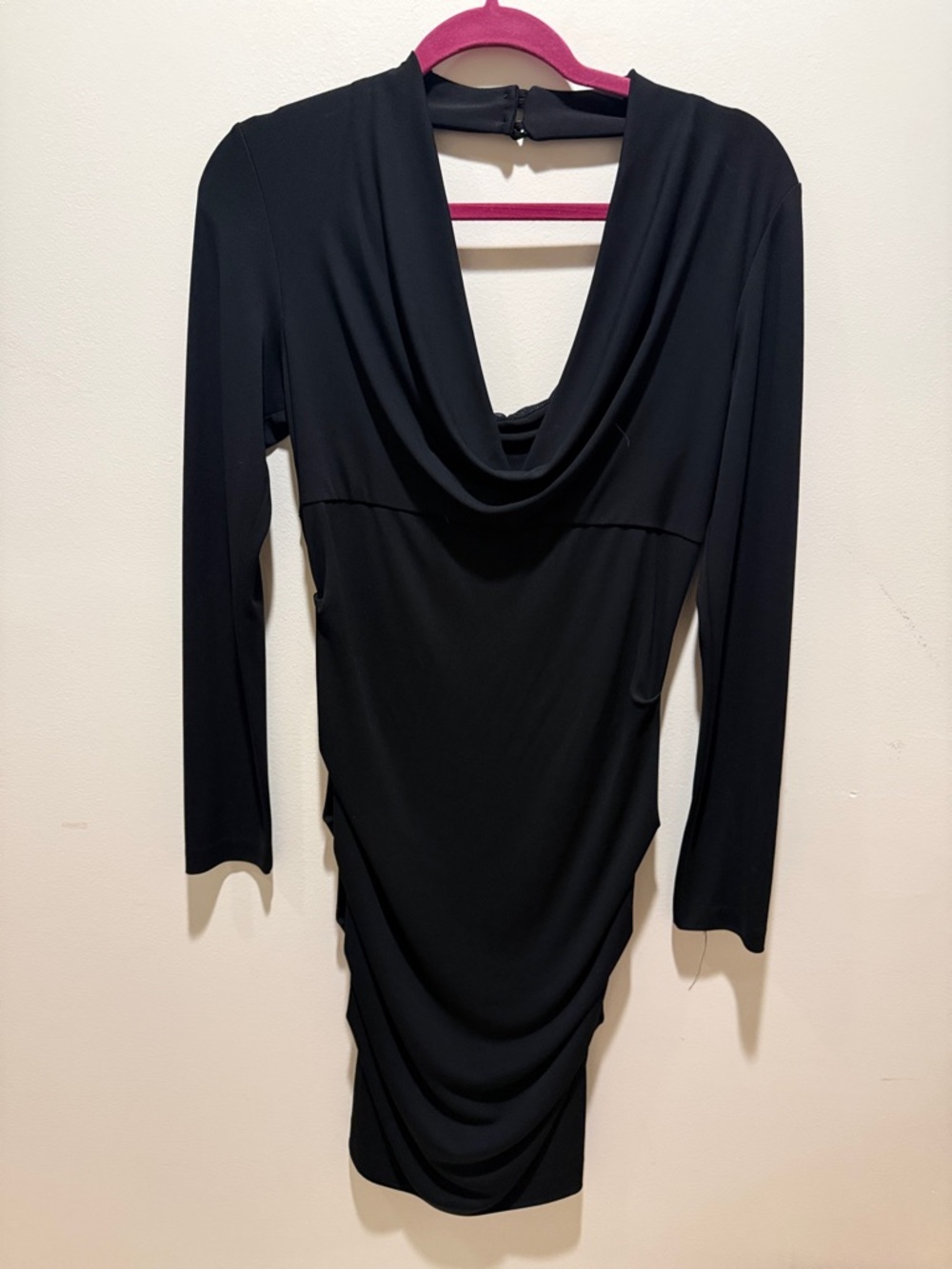 Nicole MillerBlack Draped Cowl Neck Long Sleeve Dress